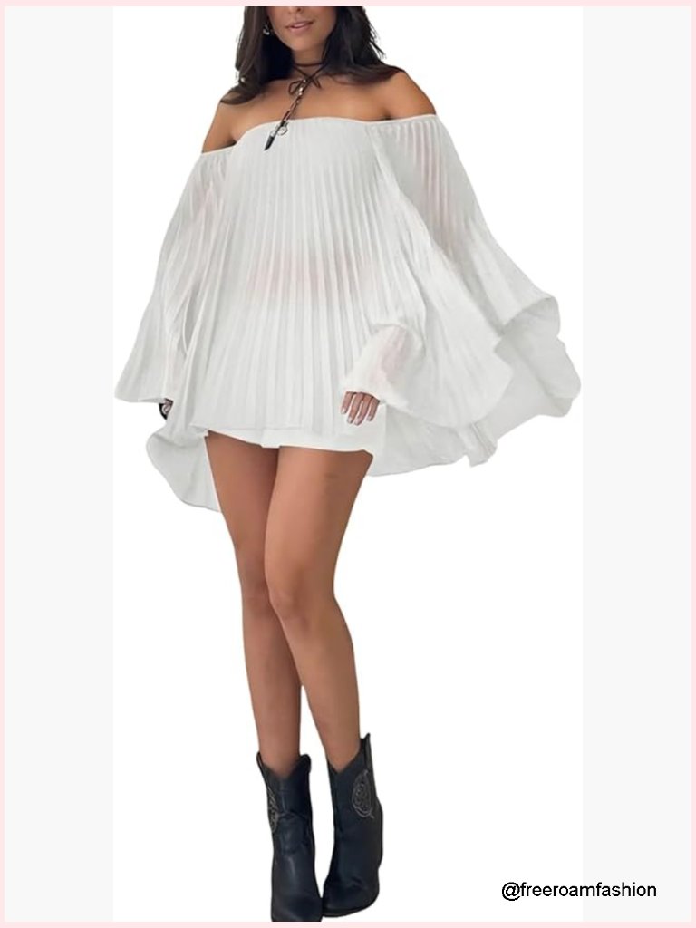 Women 2 Piece Outfits Pleated Shorts Set Off Shoulder Bell Sleeve Top Biker